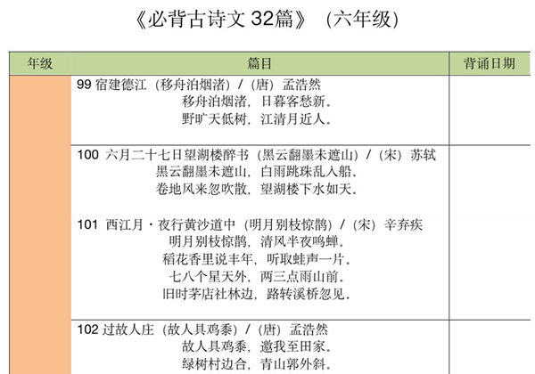 六年级古诗文背诵记录表，4页pdf可打印-优学盒子