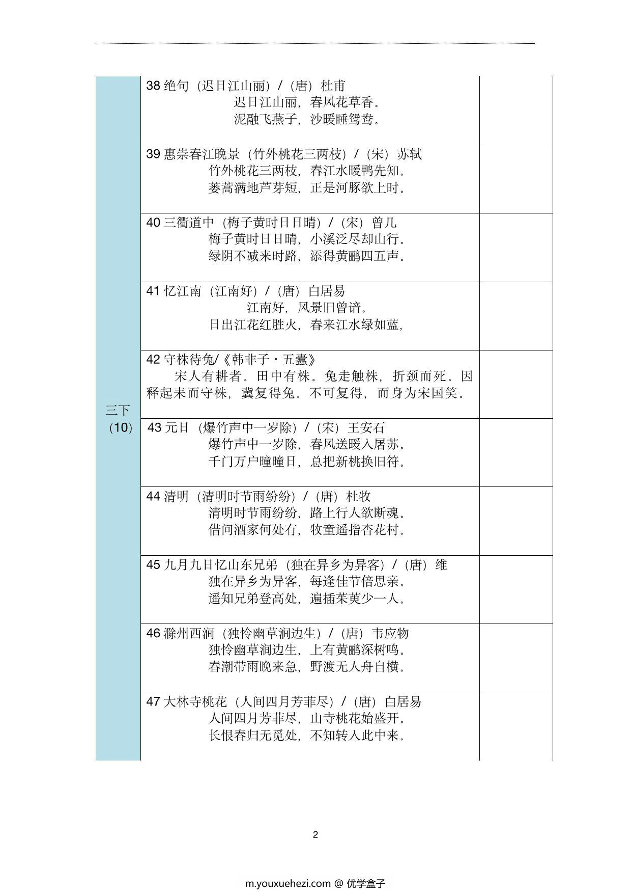 图片[2]-三年级古诗文背诵记录表，2页pdf电子版-优学盒子