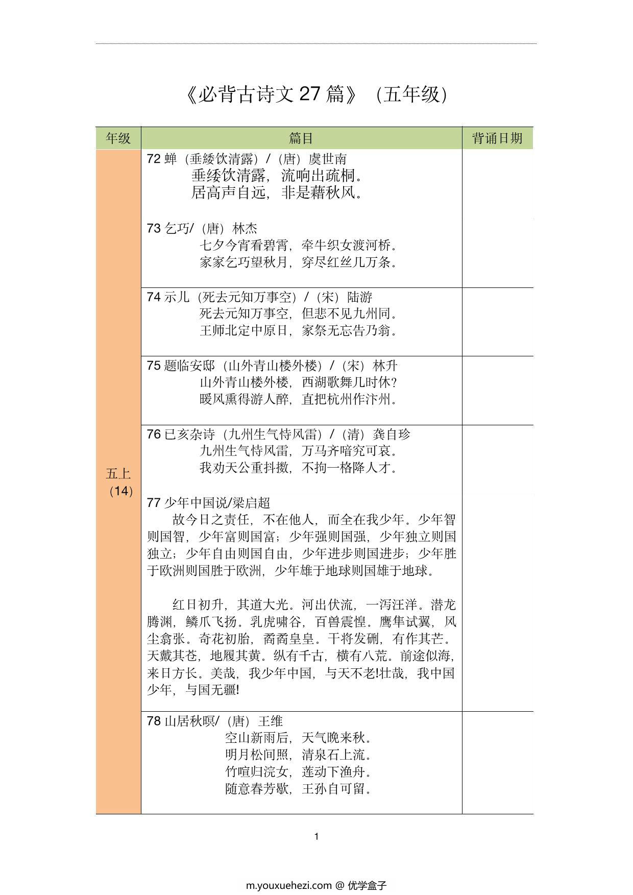图片[1]-五年级古诗文背诵记录表，4页pdf电子版-优学盒子