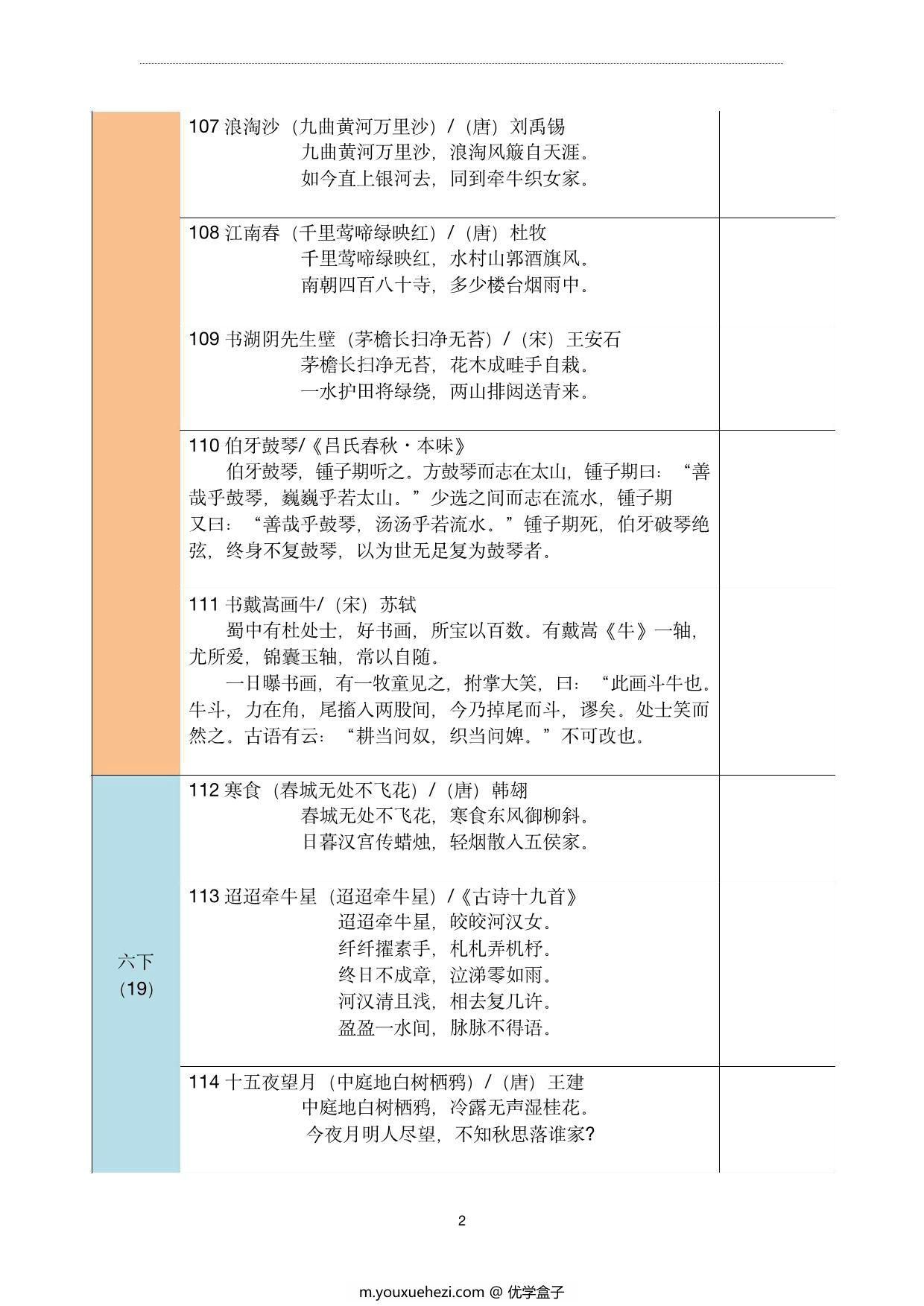 图片[2]-六年级古诗文背诵记录表，4页pdf可打印-优学盒子