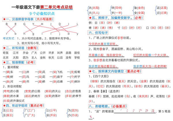 一年级语文下册第二单元考点总结及练习-9个必备知识点（版二），6页PDF可打印-优学盒子