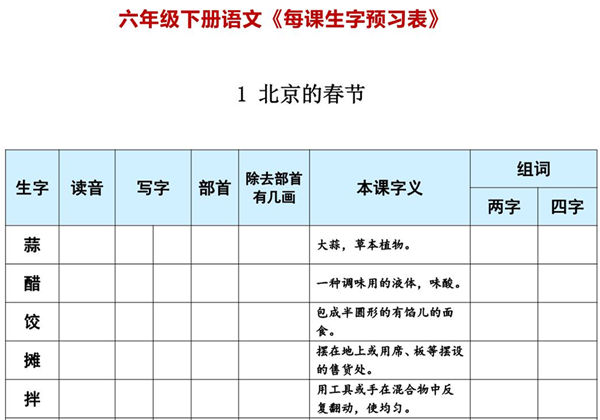 六年级下册语文《每课生字预习表》，11页PDF可打印-优学盒子