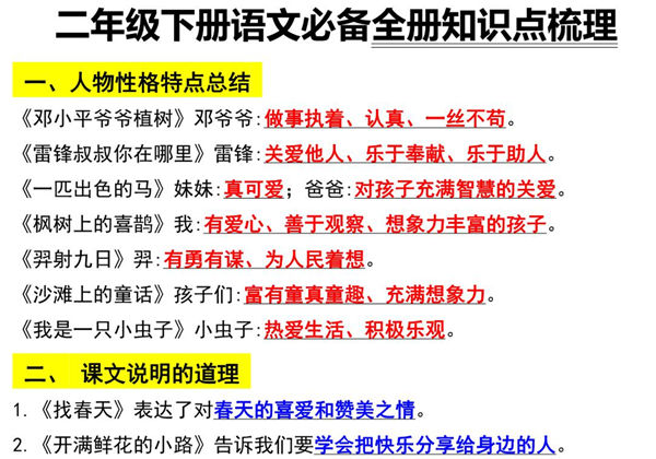 二年级语文下册知识点归纳总复习，9页PDF可打印-优学盒子