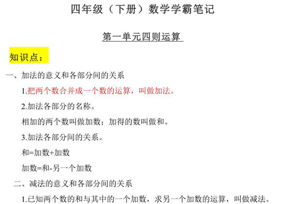 人教版四年级下册数学学霸笔记，31页PDF可打印-优学盒子