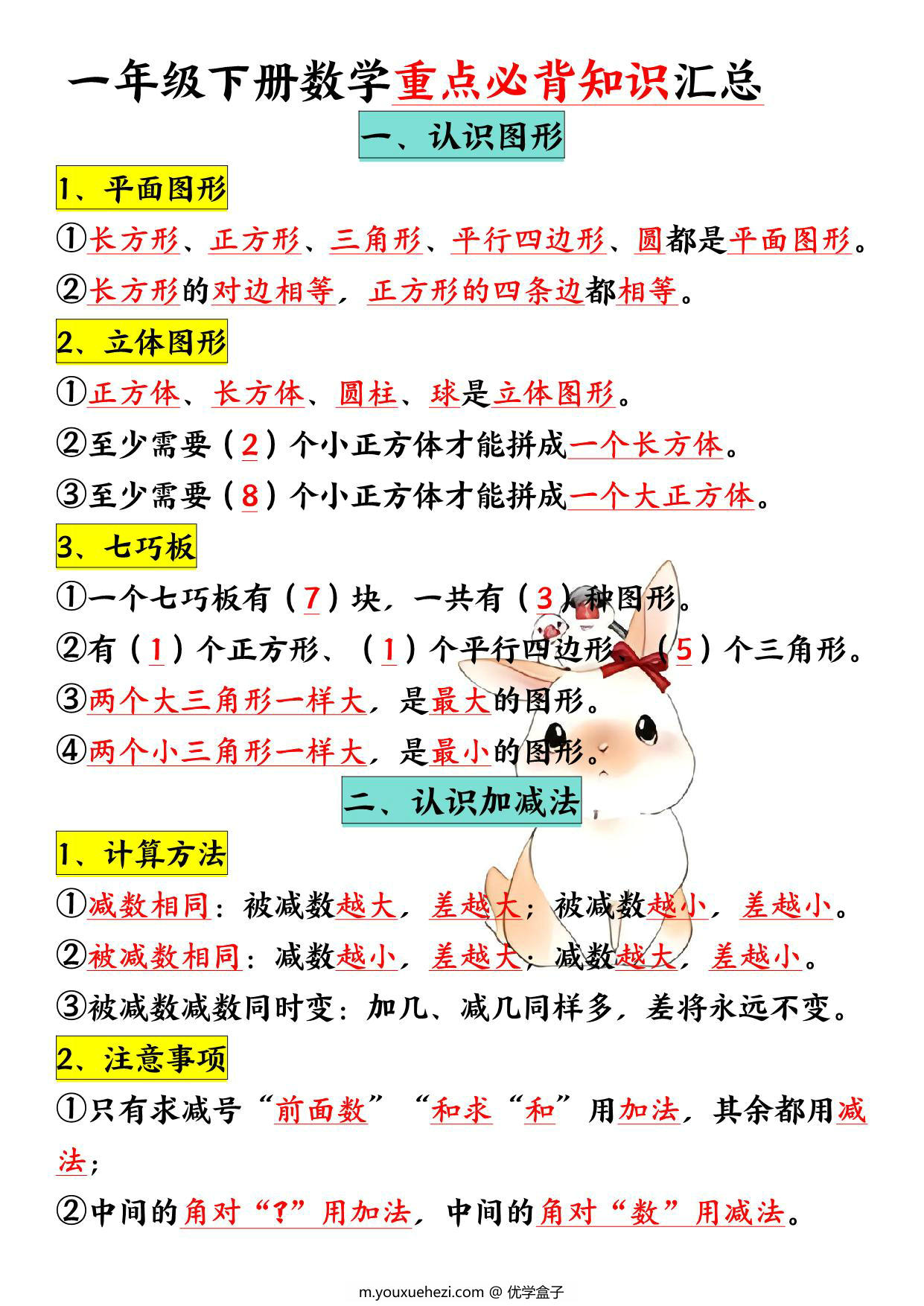图片[1]-一年级下册数学重点必背知识汇总，8页PDF电子版-优学盒子