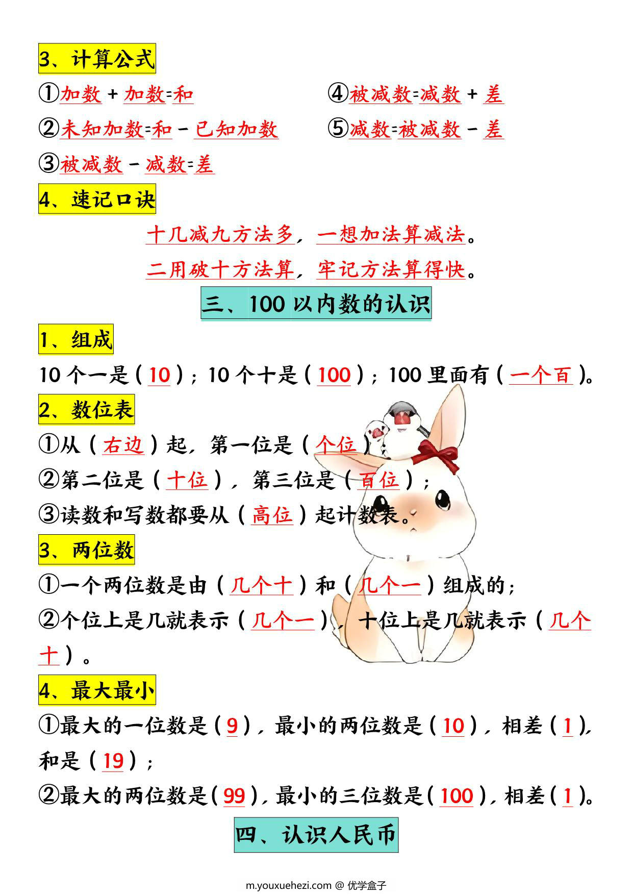 图片[2]-一年级下册数学重点必背知识汇总，8页PDF电子版-优学盒子