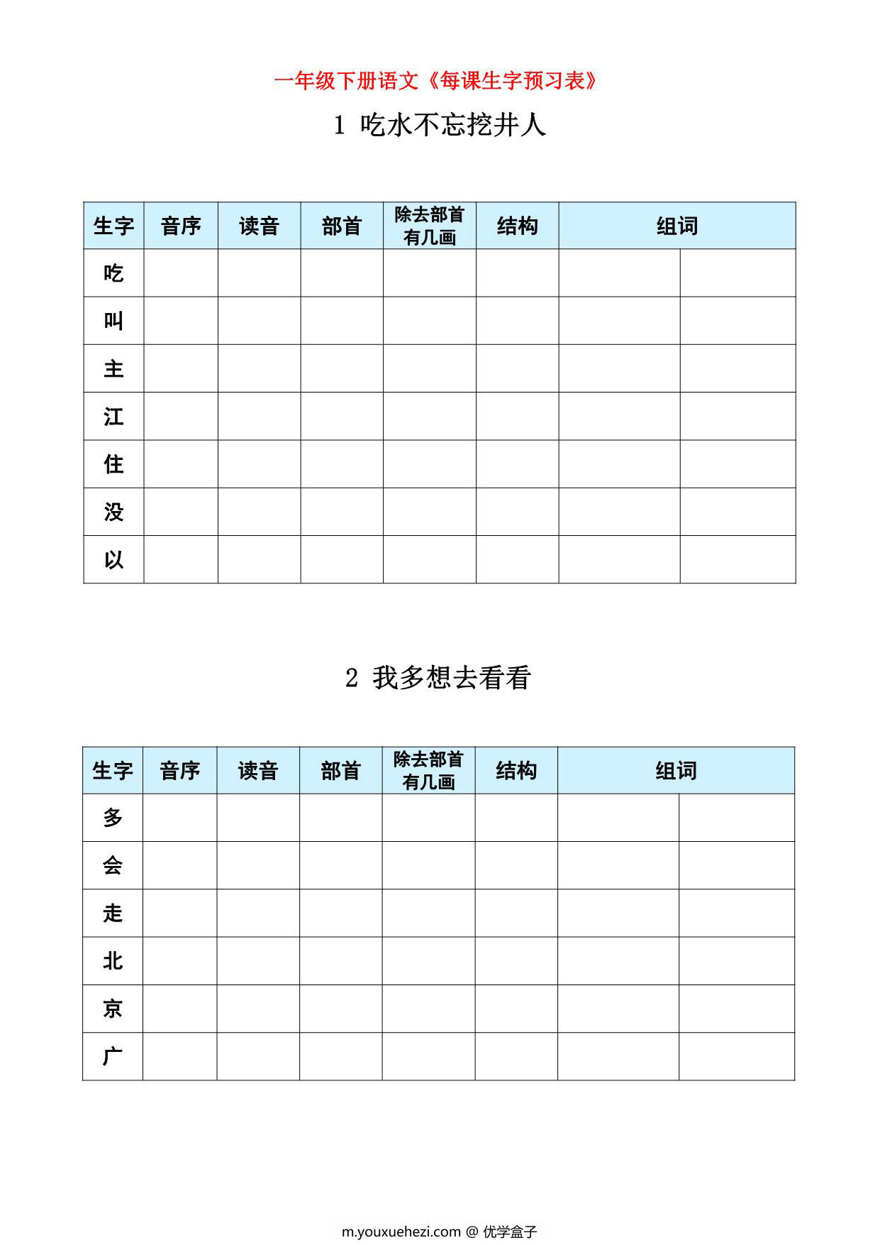 图片[1]-一年级下册语文《每课生字预习表》，15页PDF电子版-优学盒子