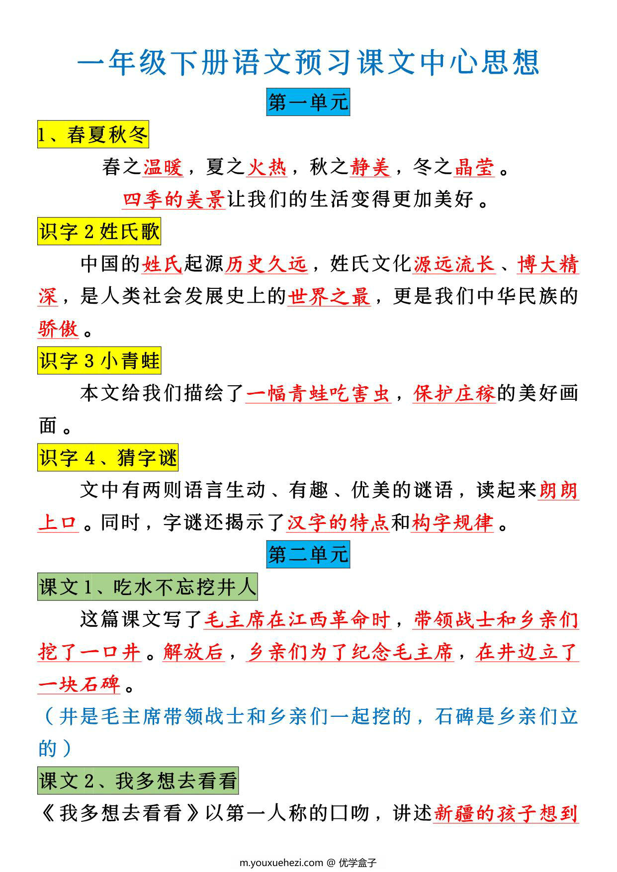 图片[1]-一年级下册语文全册预习课文中心思想，6页PDF电子版-优学盒子