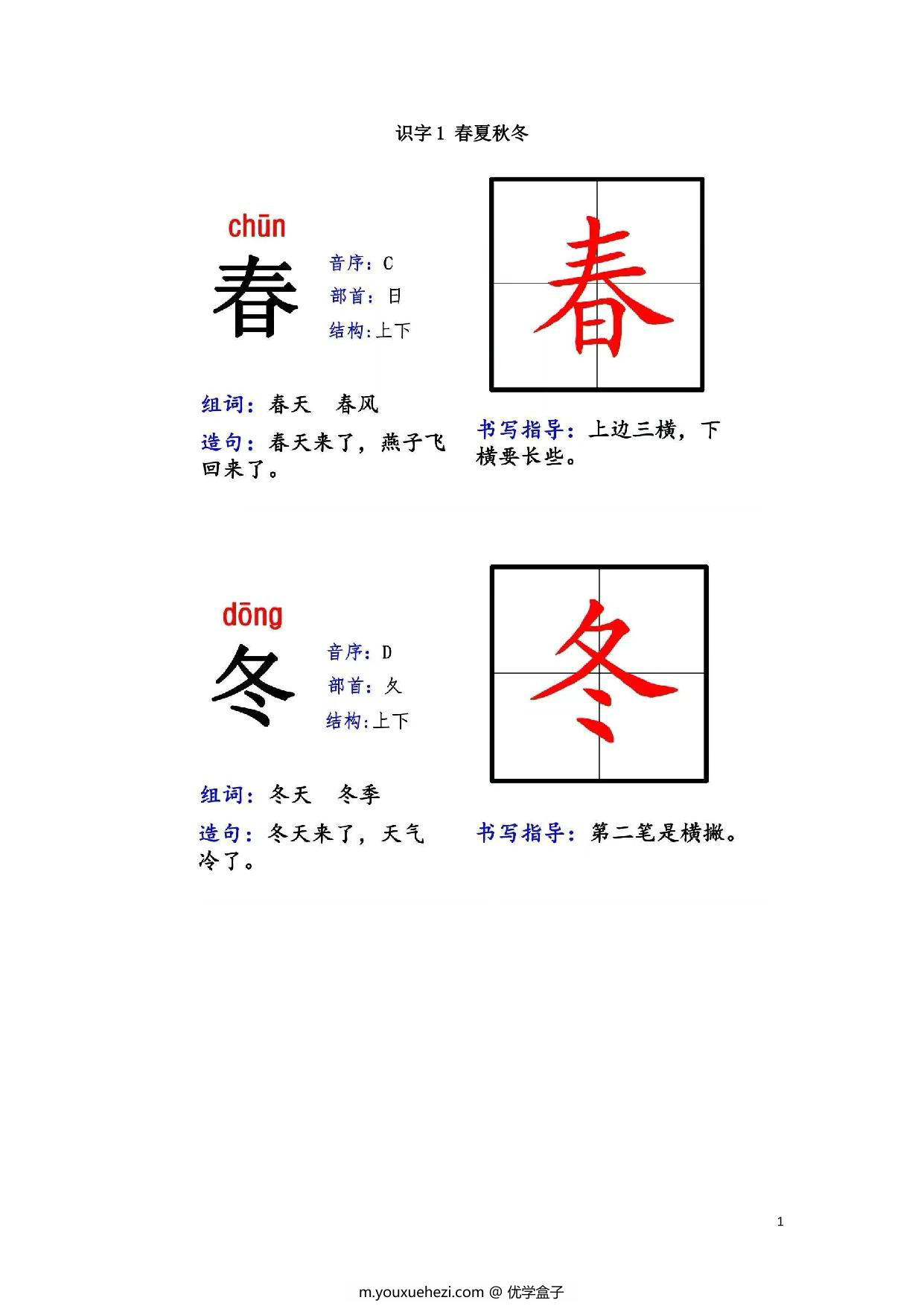 图片[1]-一年级下册语文生字拼音 偏旁 结构 组词 造句，71页PDF可打印-优学盒子