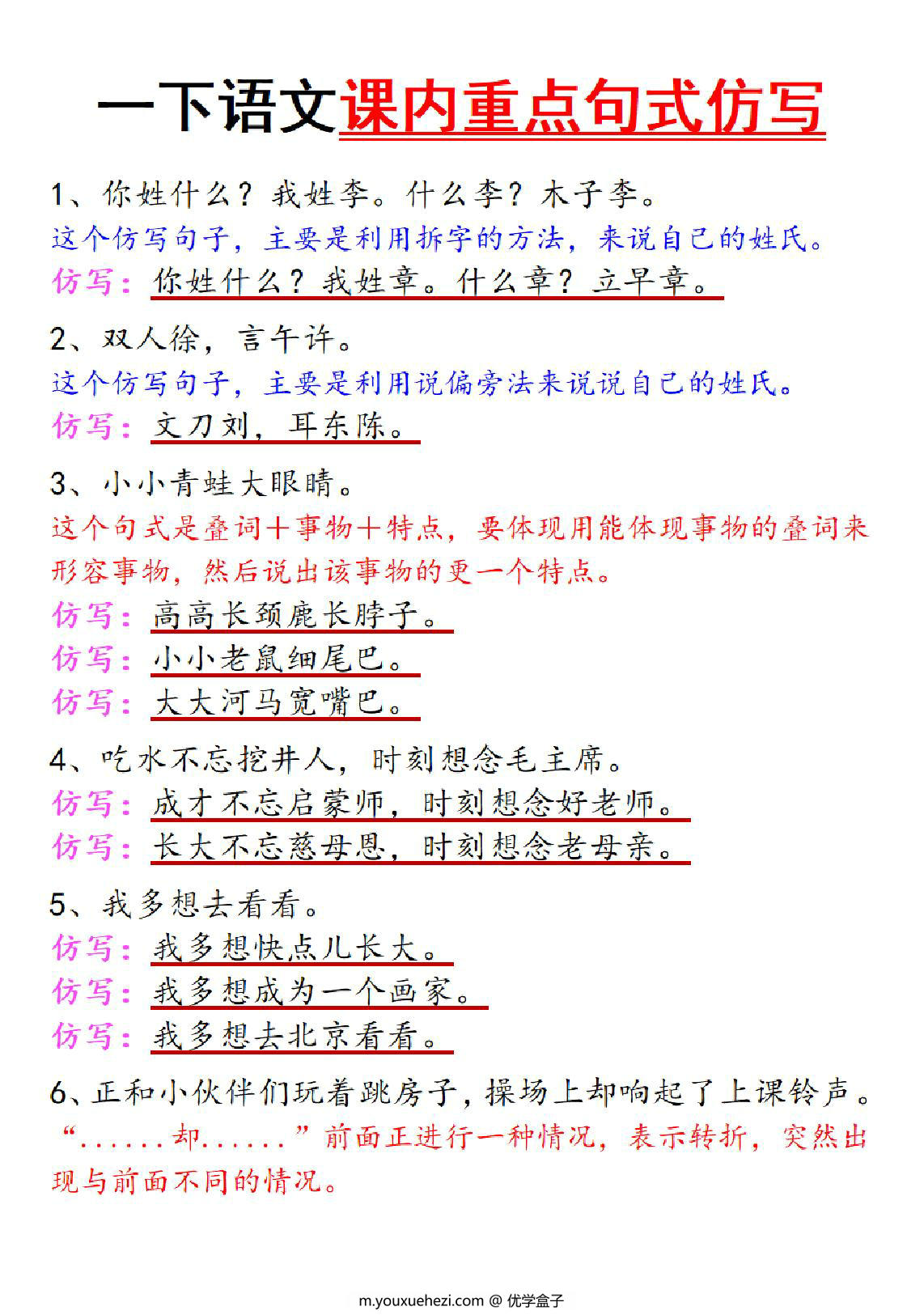 图片[1]-一年级下册语文课内重点句式仿写，4页PDF可打印-优学盒子