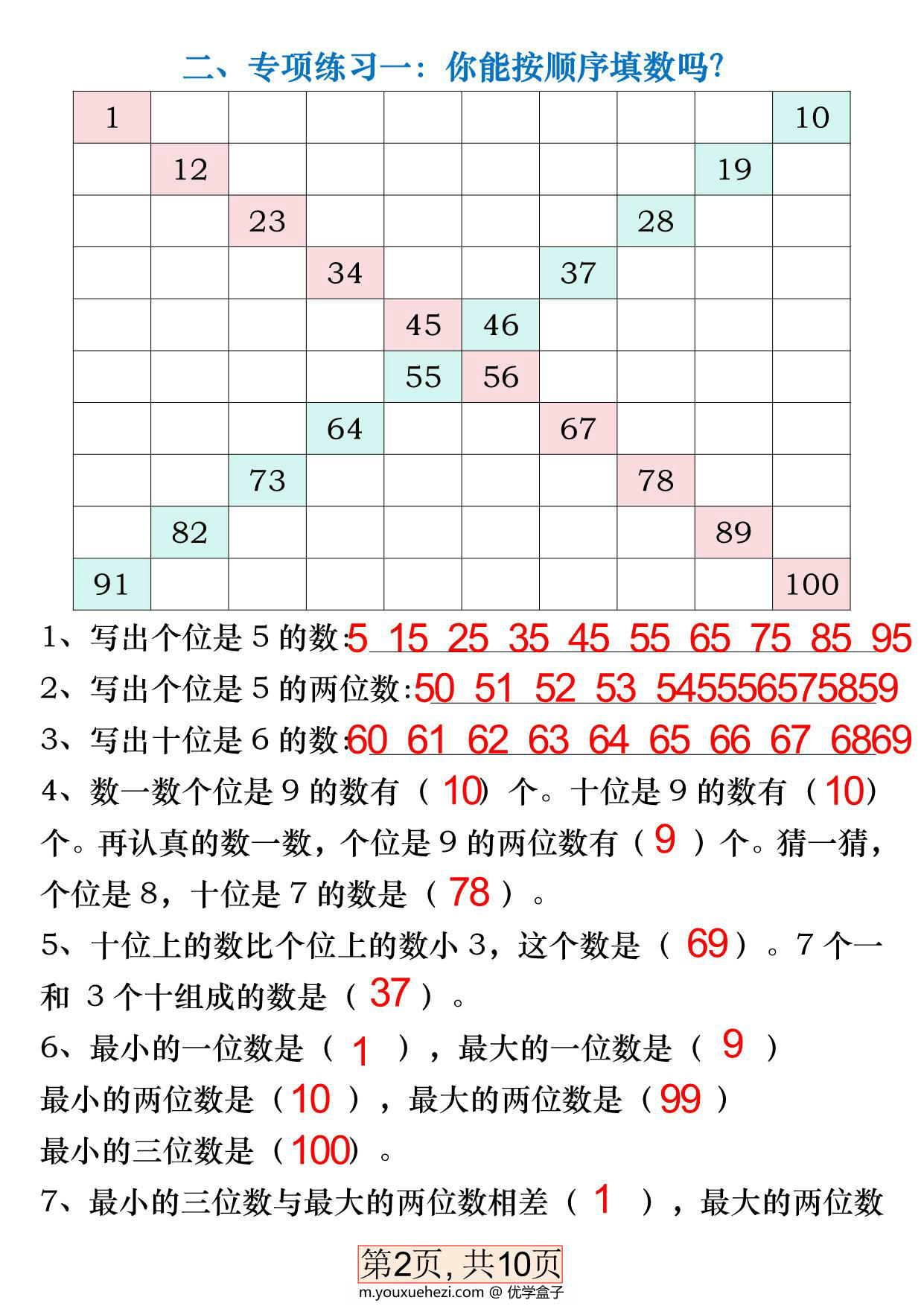 图片[3]-一年级数学下册《百数表》易错专项练习，20页PDF电子版-优学盒子