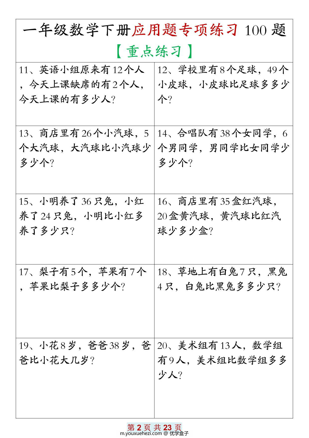 图片[2]-一年级数学下册应用题专项练习100题，23页PDF电子版-优学盒子