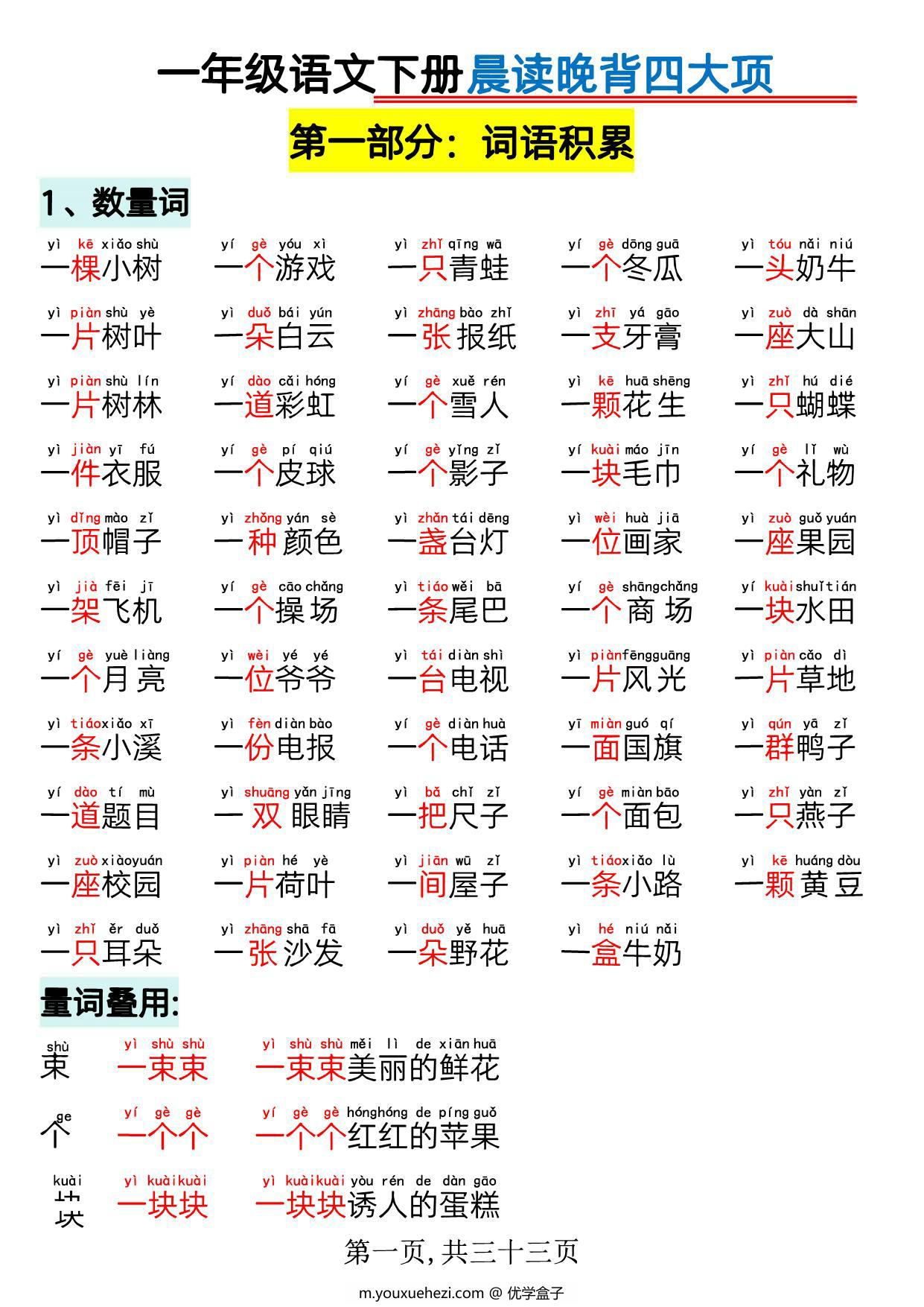 图片[1]-一年级语文下册晨读晚背四大项，33页PDF电子版-优学盒子