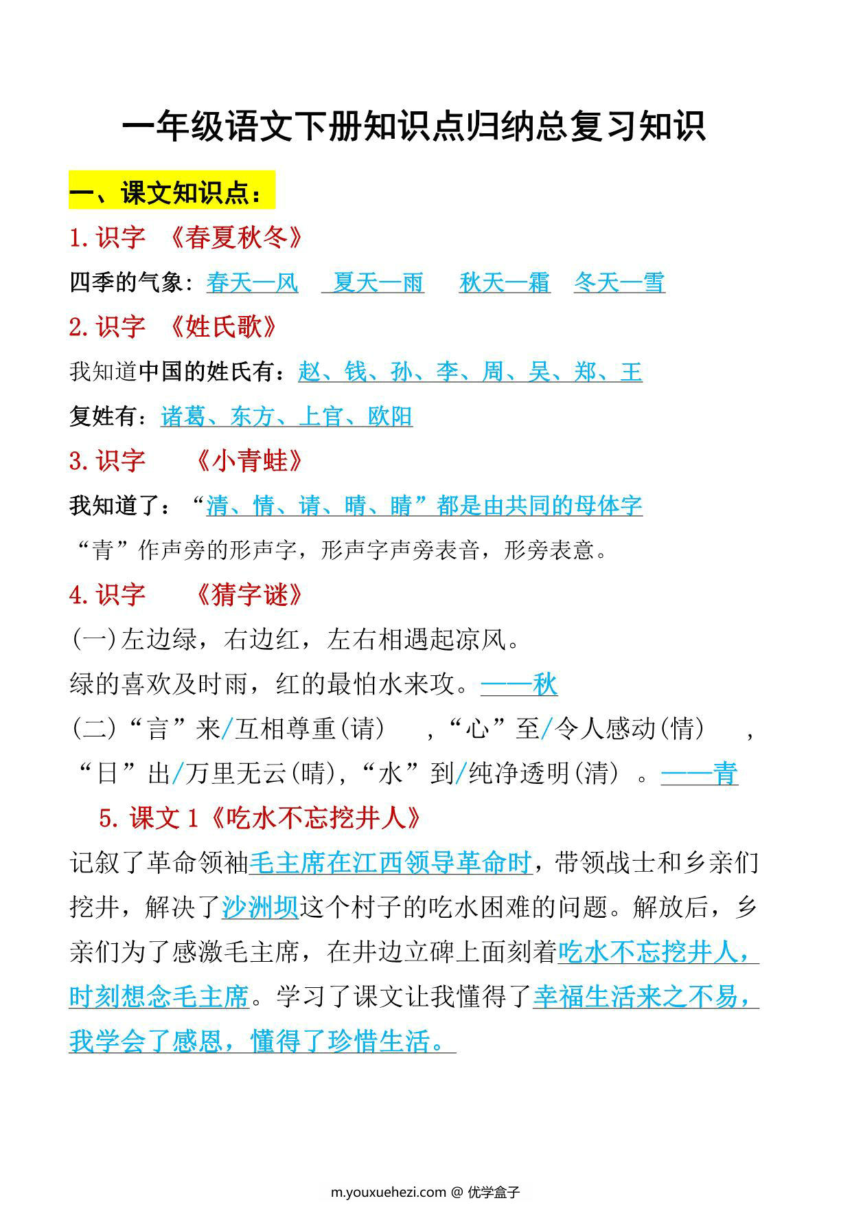 图片[1]-一年级语文下册知识点归纳总复习，12页PDF电子版-优学盒子
