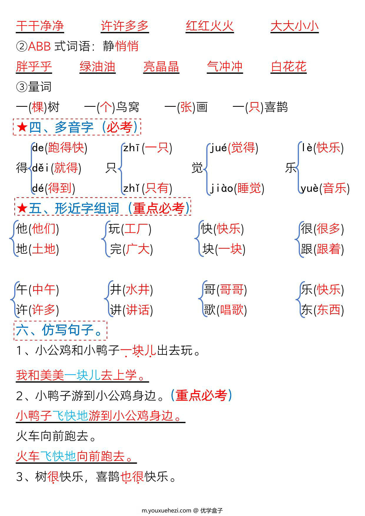 图片[2]-一年级语文下册第三单元考点总结及练习-10个必备知识点（版二），7页PDF电子版-优学盒子