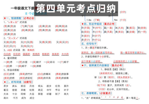 [4月8修正版]一年级语文下册第四单元考点总结及练习-8个必备知识点（版二），6页PDF可打印-优学盒子