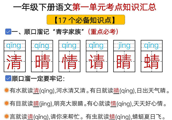一年级下册语文第一单元考点知识汇总-17个必备知识点，11页PDF电子版-优学盒子