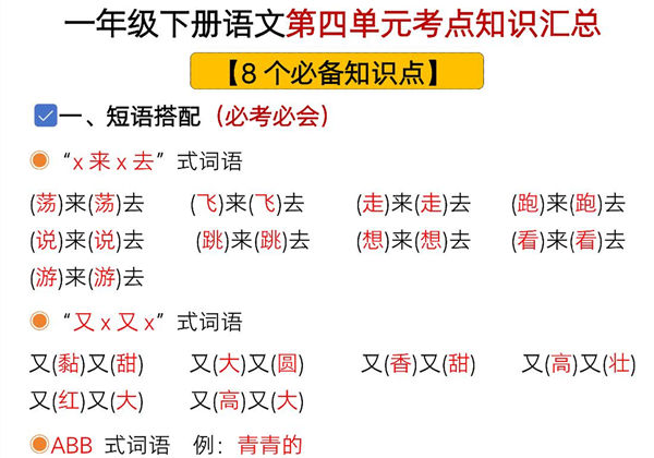 一年级下册语文第四单元考点知识汇总-8个必备知识点，6页PDF可打印-优学盒子