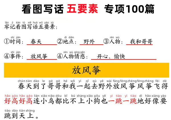 一年级下册语文看图写话五要素训练拼音版100篇，95页PDF电子版-优学盒子