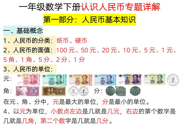 一年级数学下册认识人民币专题详解，19页PDF电子版-优学盒子