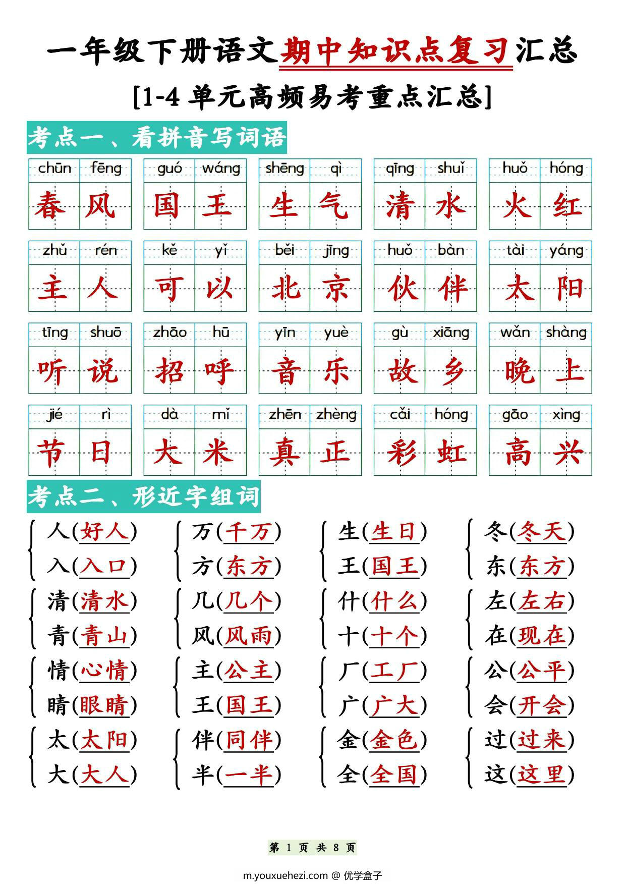图片[1]-一年级下册语文期中知识点复习汇总，1-4单元高频易考重点汇总，8页PDF电子版-优学盒子