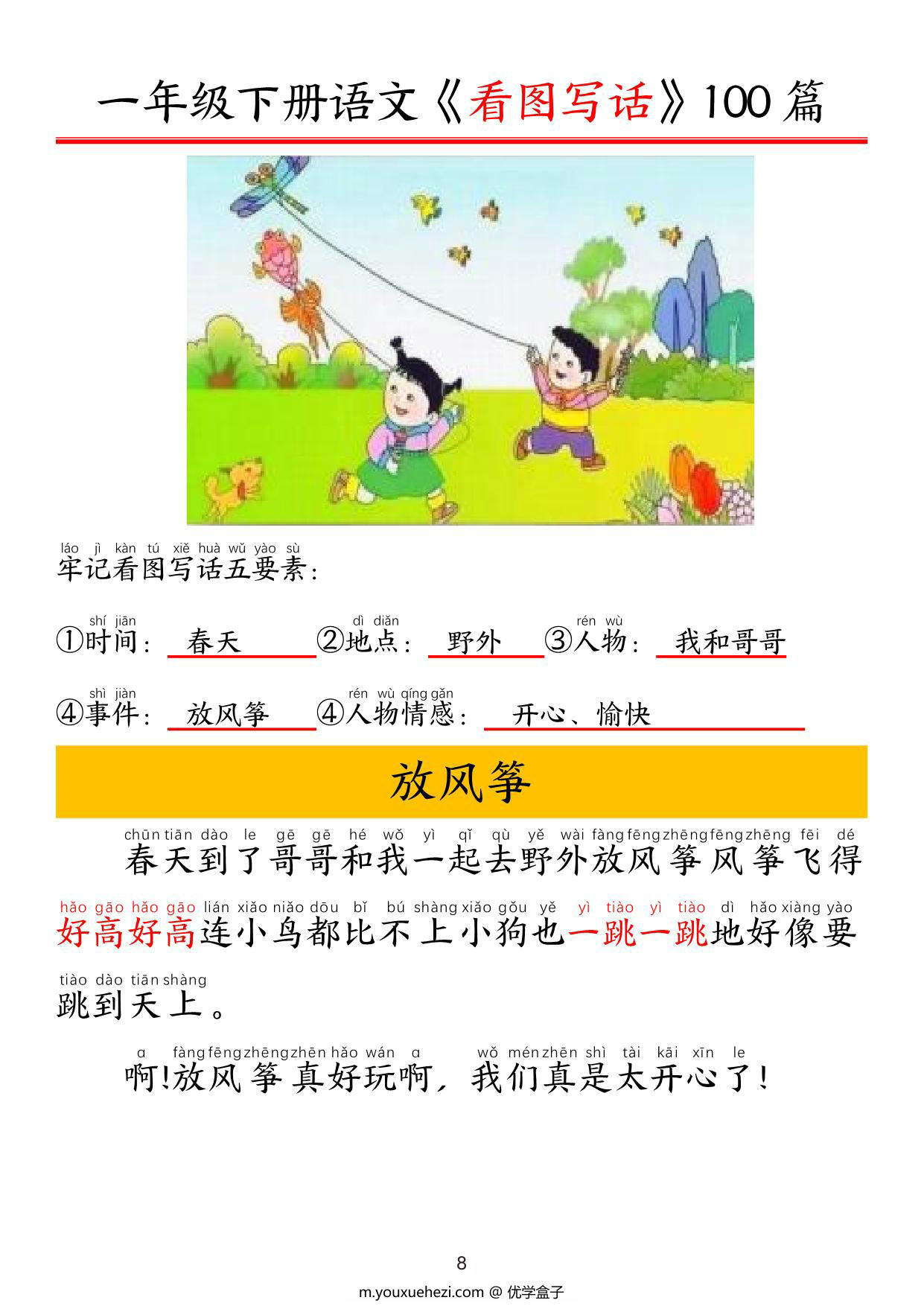图片[1]-一年级下册语文看图写话五要素训练拼音版100篇，95页PDF电子版-优学盒子