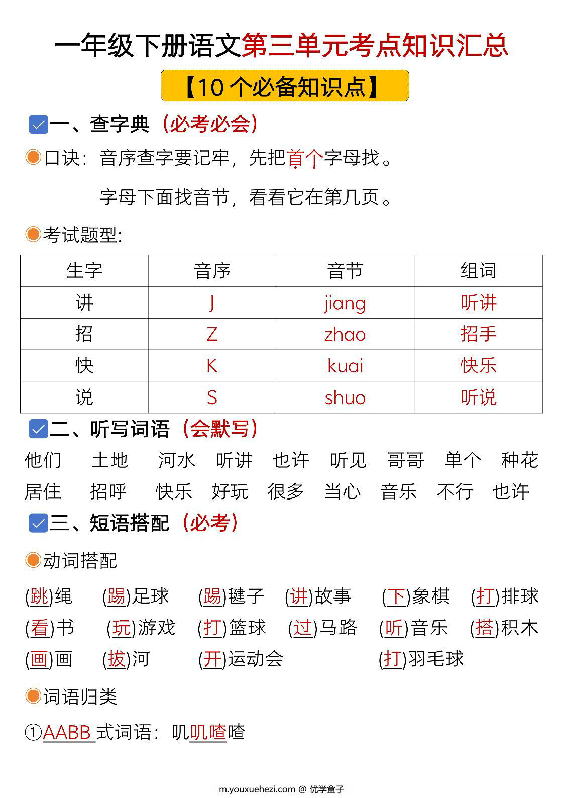 图片[1]-一年级下册语文第三单元考点知识汇总-10个必备知识点，7页PDF电子版-优学盒子