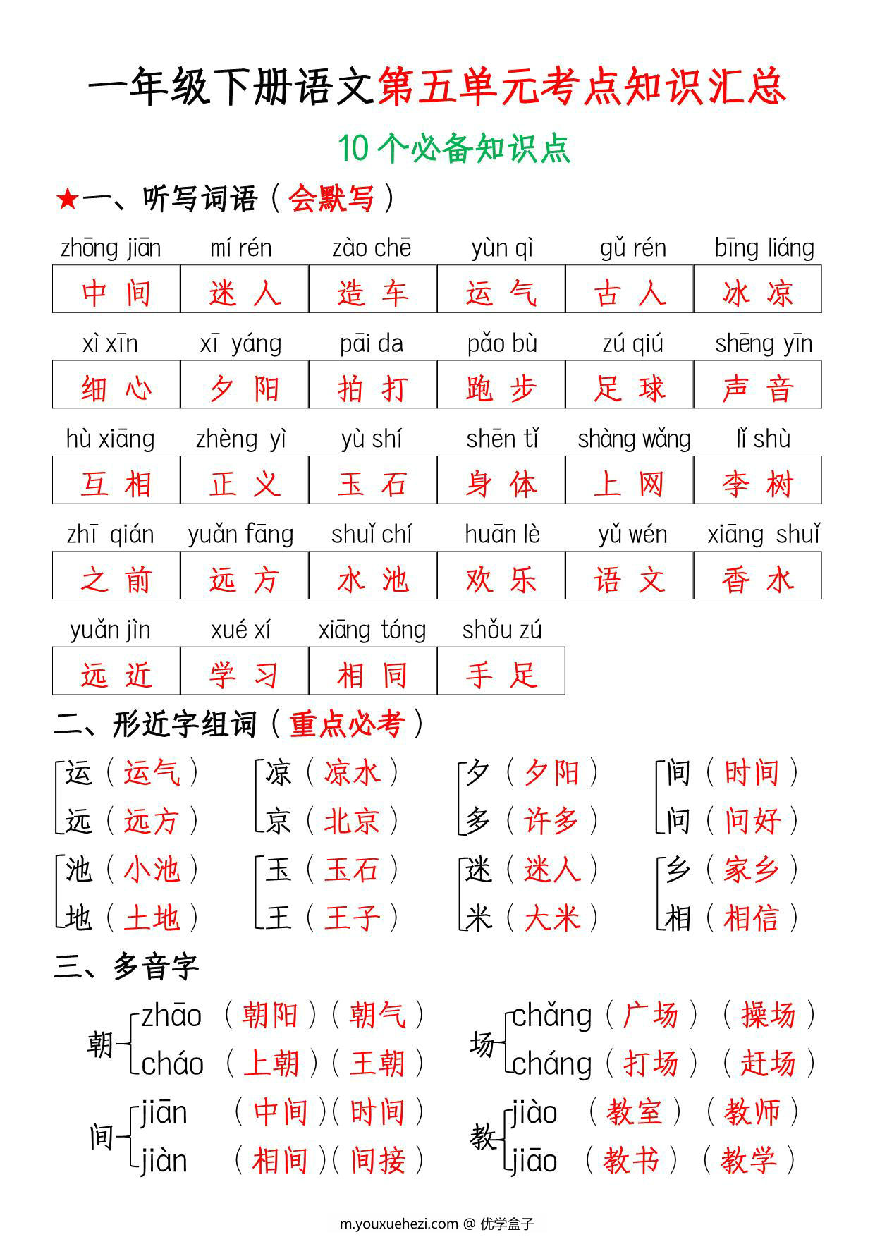 图片[1]-一年级下册语文第五单元考点知识汇总10个必备知识点，8页PDF可打印-优学盒子