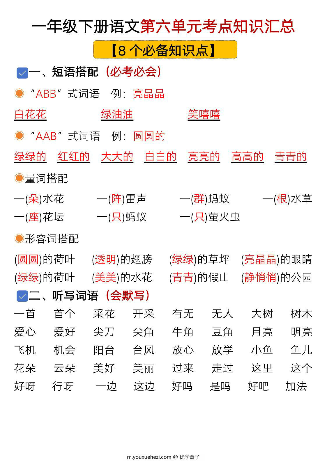 图片[1]-一年级下册语文第六单元考点知识汇总-8个必备知识点，8页PDF可打印-优学盒子