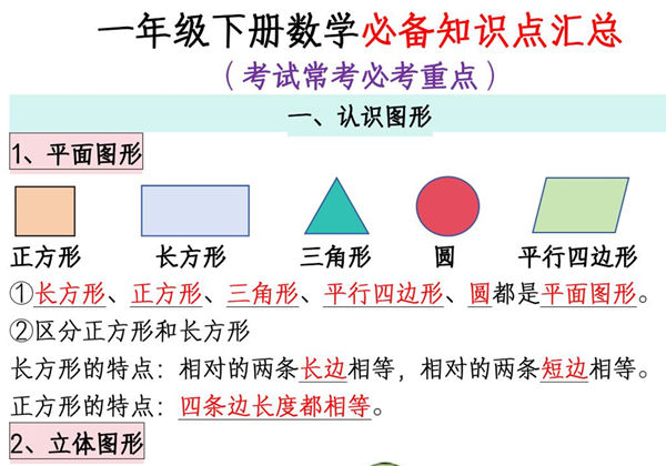 一年级下册数学全册必备知识点汇总，考试常考必考重点，8页PDF电子版-优学盒子