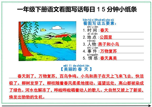 一年级下册语文看图写话五要素每日15分钟小纸条，12页PDF可打印-优学盒子