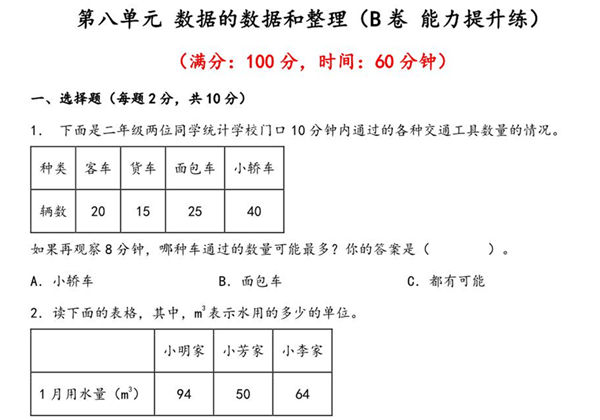 第八单元 数据的数据和整理（B卷 能力提升练）- 二年级下册数学苏教版，11页PDF电子版-优学盒子