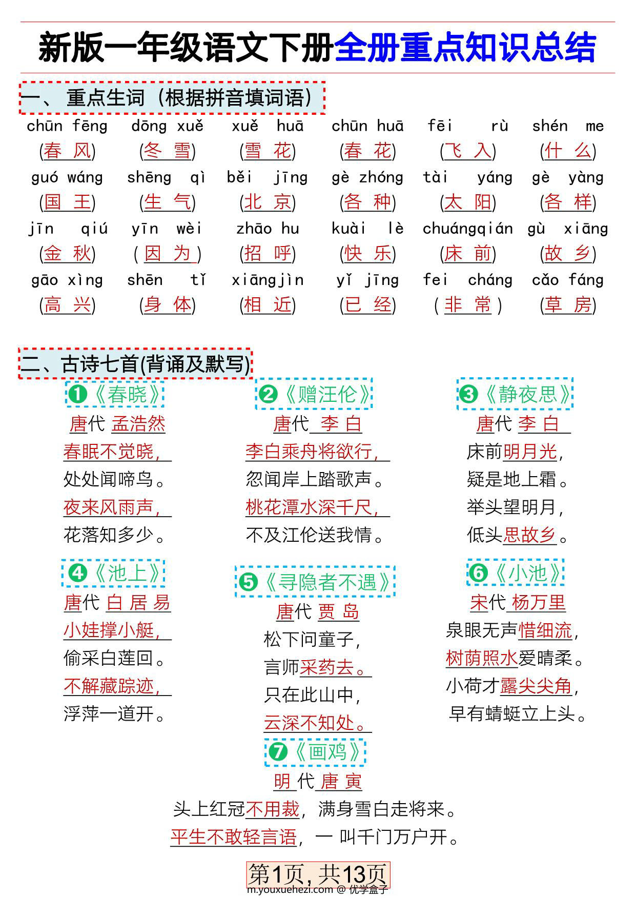图片[1]-一年级下册语文全册重点知识总结，13页PDF可打印-优学盒子