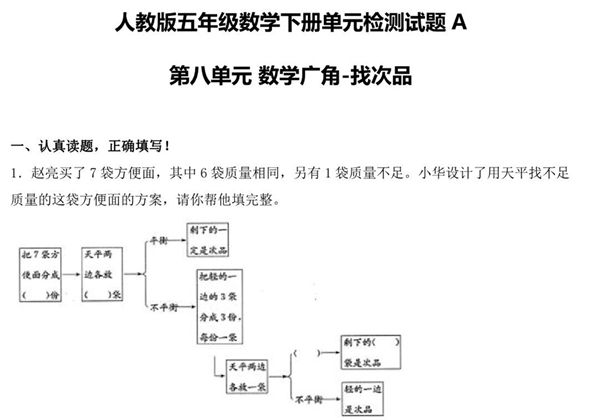 【单元AB卷】第八单元 数学广角-找次品 五年级下册数学单元检测试题A卷 人教版，9页PDF电子版-优学盒子