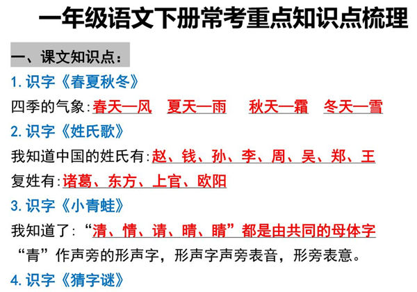 一年级语文下册常考重点知识点梳理，11页PDF可打印-优学盒子