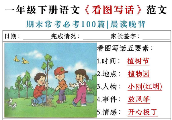 一年级下册语文《看图写话》五要素范文期末常考必考100篇，PDF电子版-优学盒子