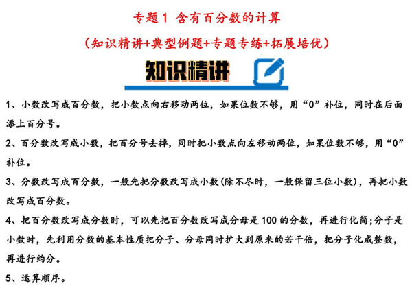 专题 含有百分数的计算 知识精讲+典型例题+专题专练+拓展培优 – 六年级下册数学计算大通关（人教版），35页PDF电子版-优学盒子