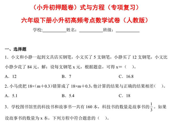（小升初押题卷）式与方程（专项复习）- 六年级下册小升初高频考点数学试卷（人教版），9页PDF电子版-优学盒子