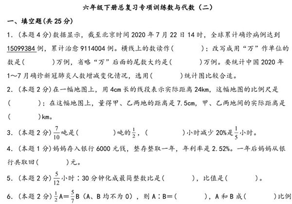 六年级下册数学总复习专项训练数与代数（二）（人教版），8页PDF可打印-优学盒子