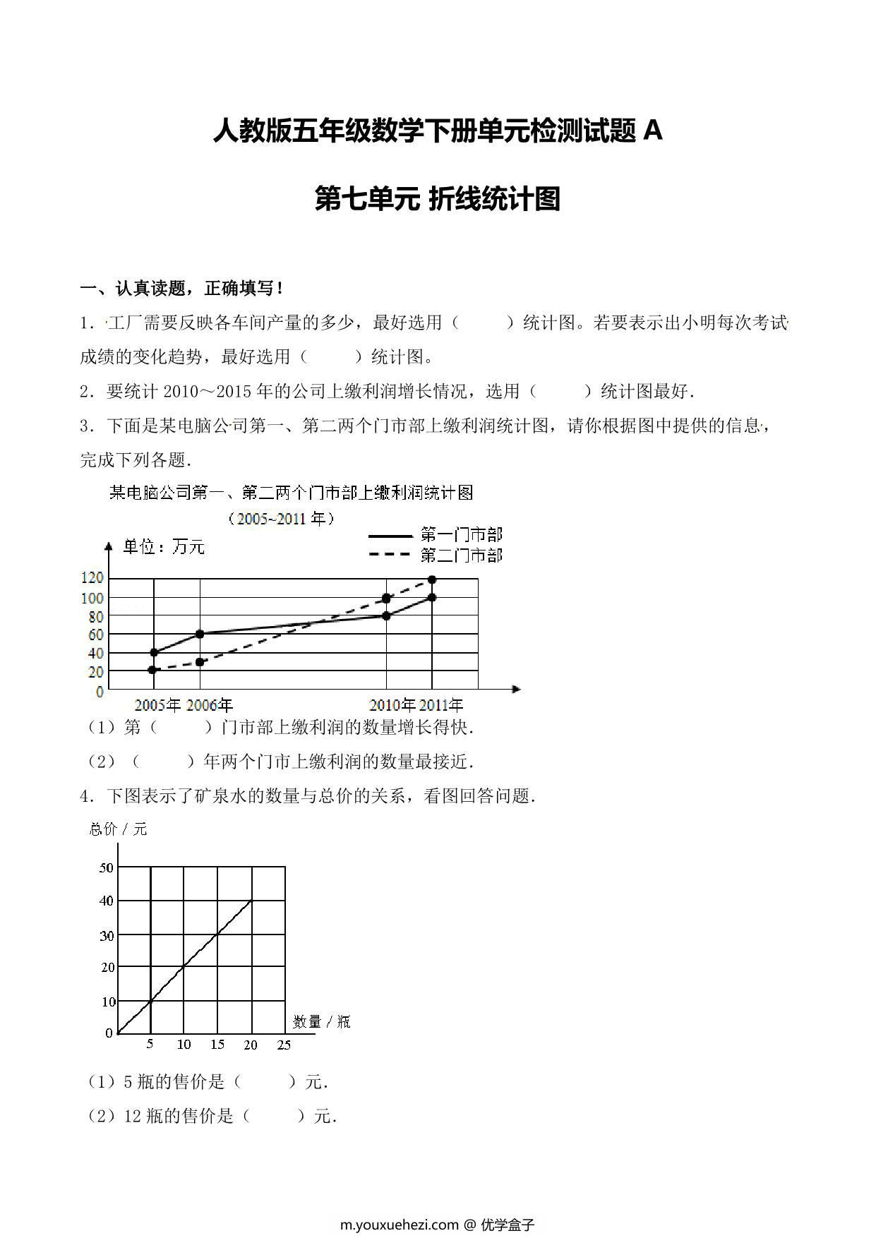 图片[1]-【单元AB卷】第七单元 折线统计图 五年级下册数学单元检测试题A卷 人教版，10页PDF电子版-优学盒子