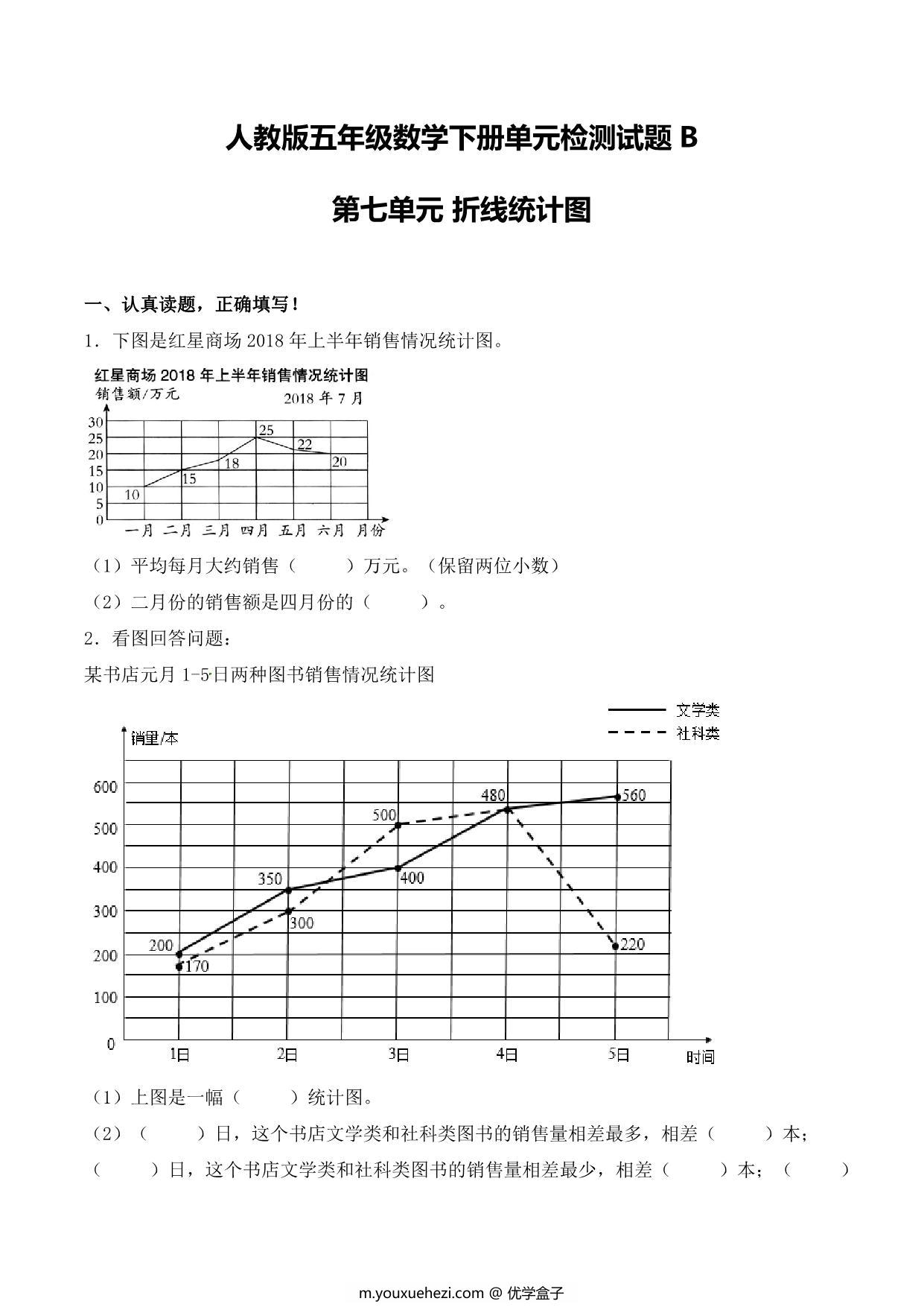 图片[1]-【单元AB卷】第七单元 折线统计图 五年级下册数学单元检测试题B卷 人教版，11页PDF可打印-优学盒子
