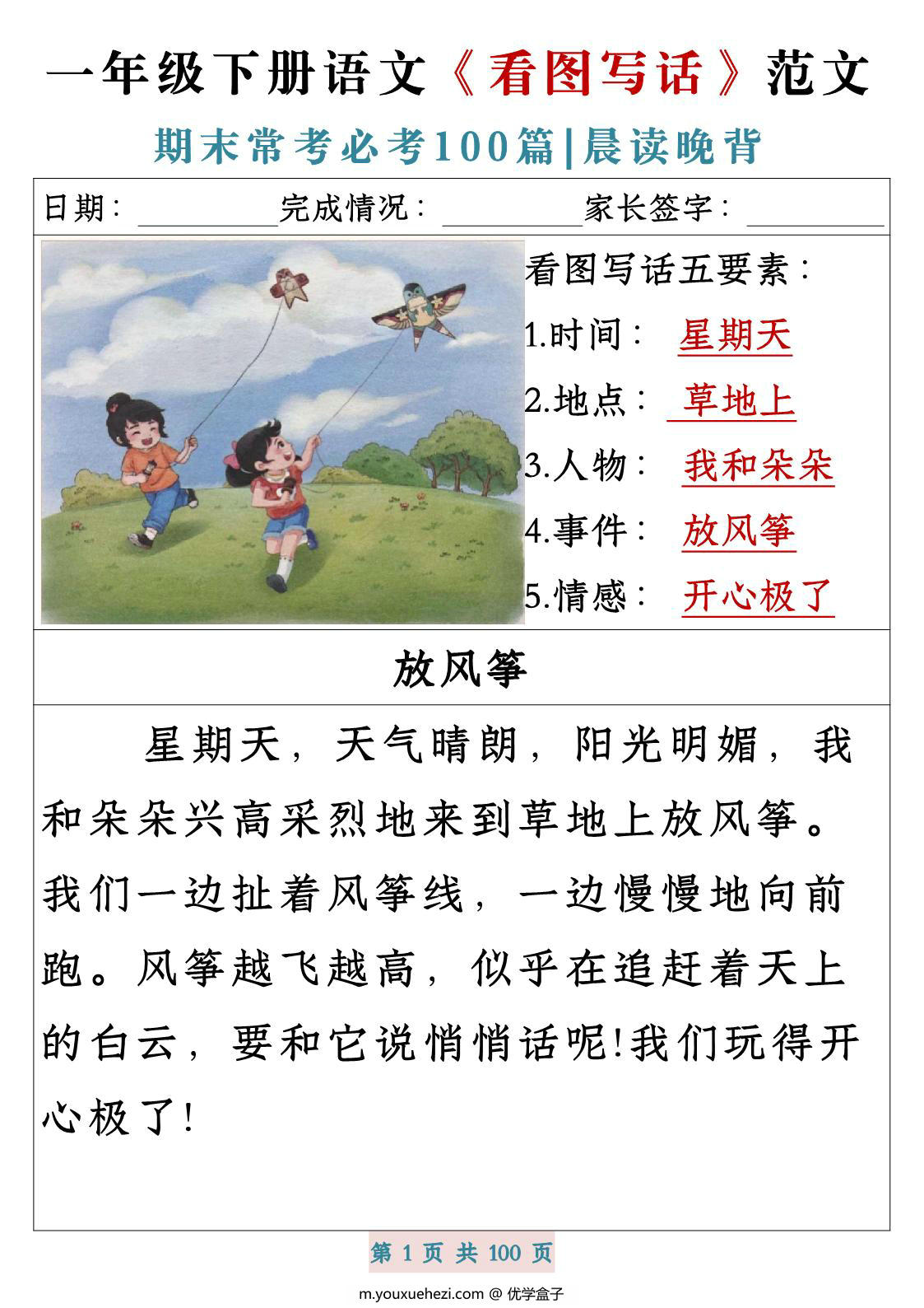 图片[1]-一年级下册语文《看图写话》五要素范文期末常考必考100篇，PDF电子版-优学盒子
