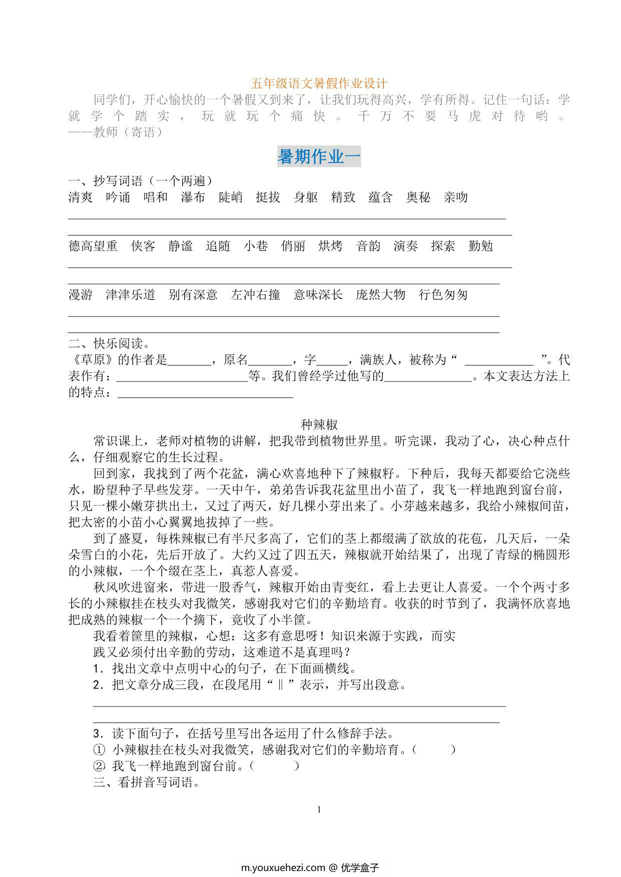 图片[1]-五年级语文暑假作业，52页PDF电子版-优学盒子