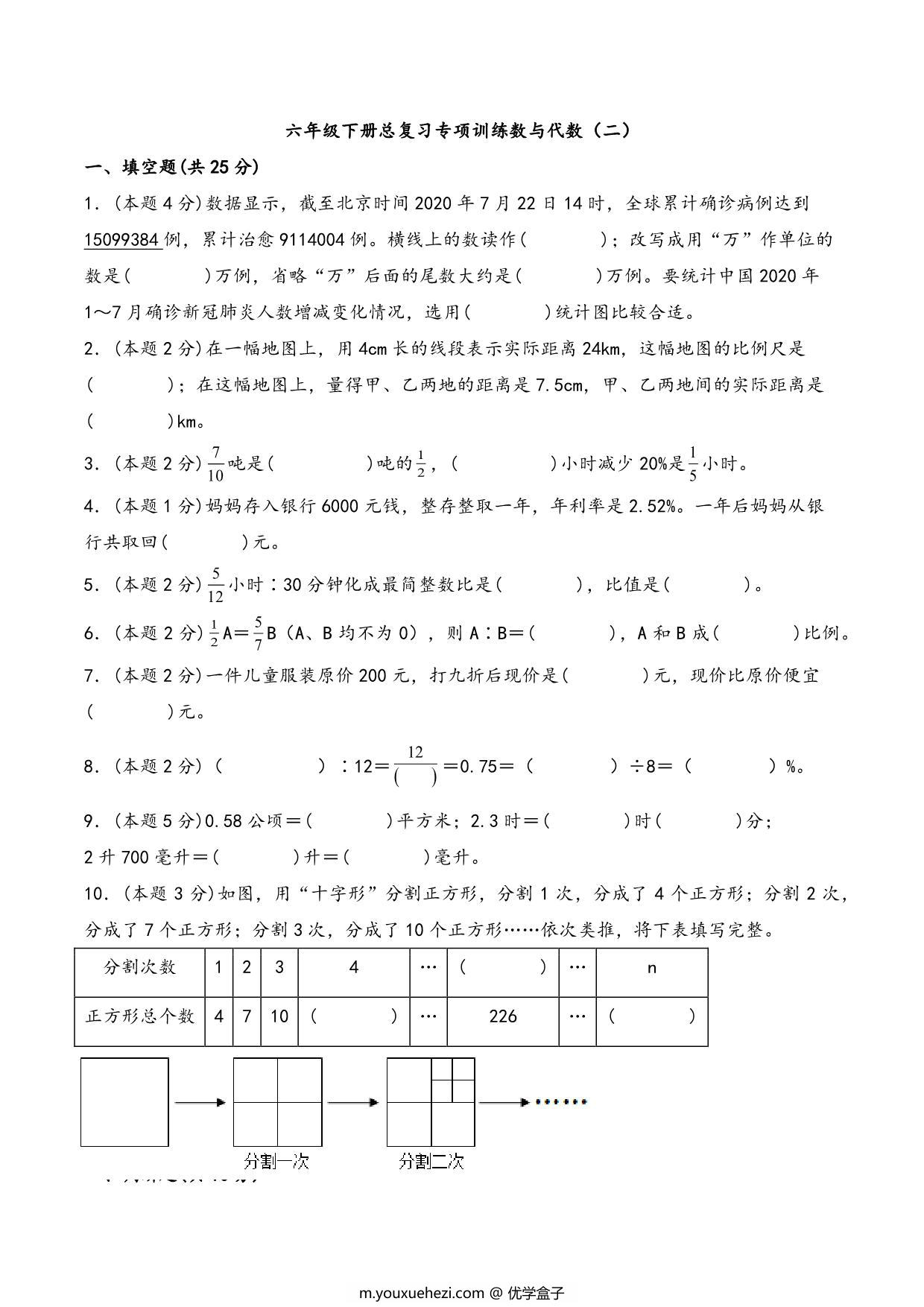 图片[1]-六年级下册数学总复习专项训练数与代数（二）（人教版），8页PDF可打印-优学盒子