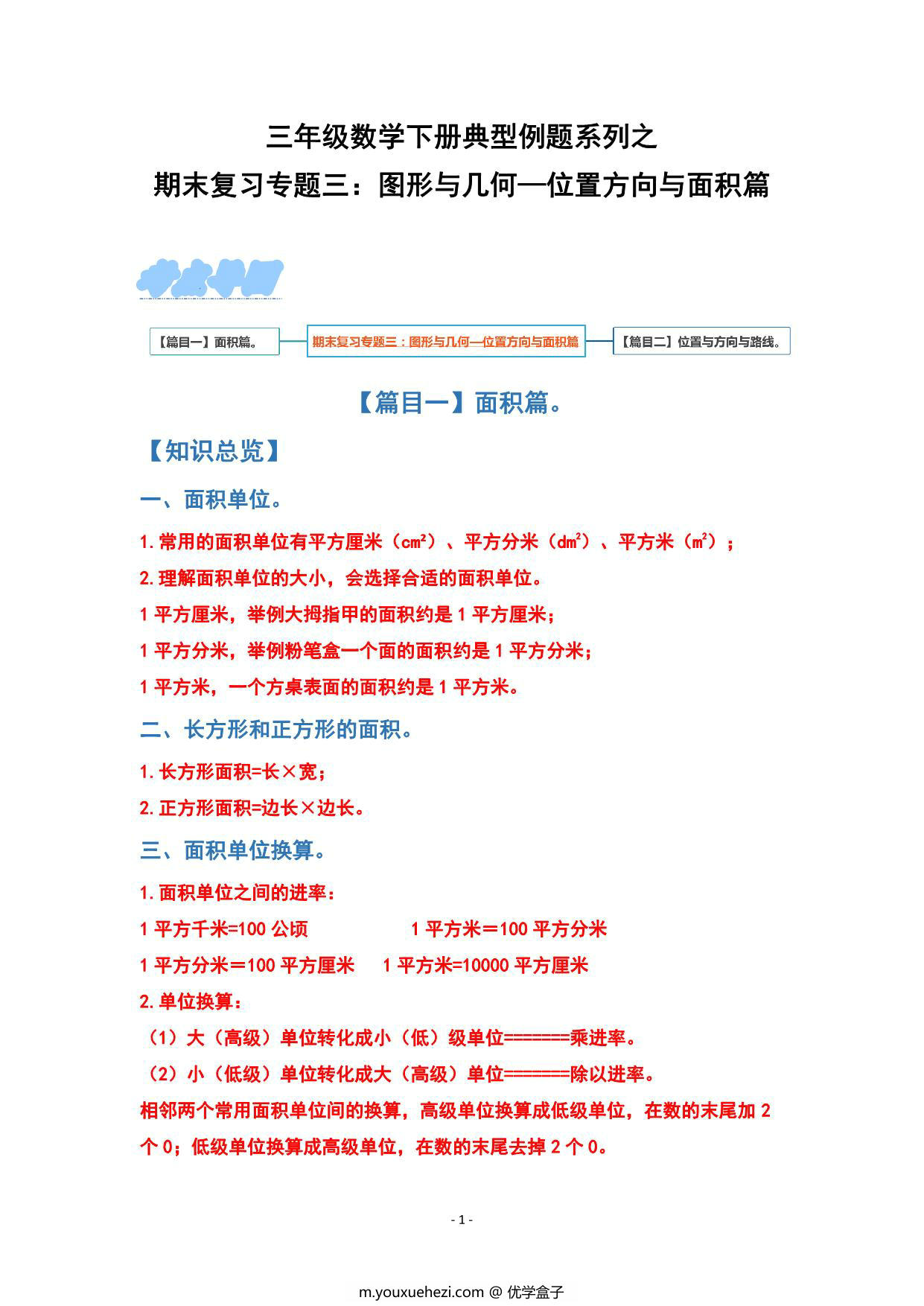图片[1]-期末复习专题三：图形与几何—位置方向与面积篇 – 三年级数学下册典型例题 人教版，13页PDF电子版-优学盒子