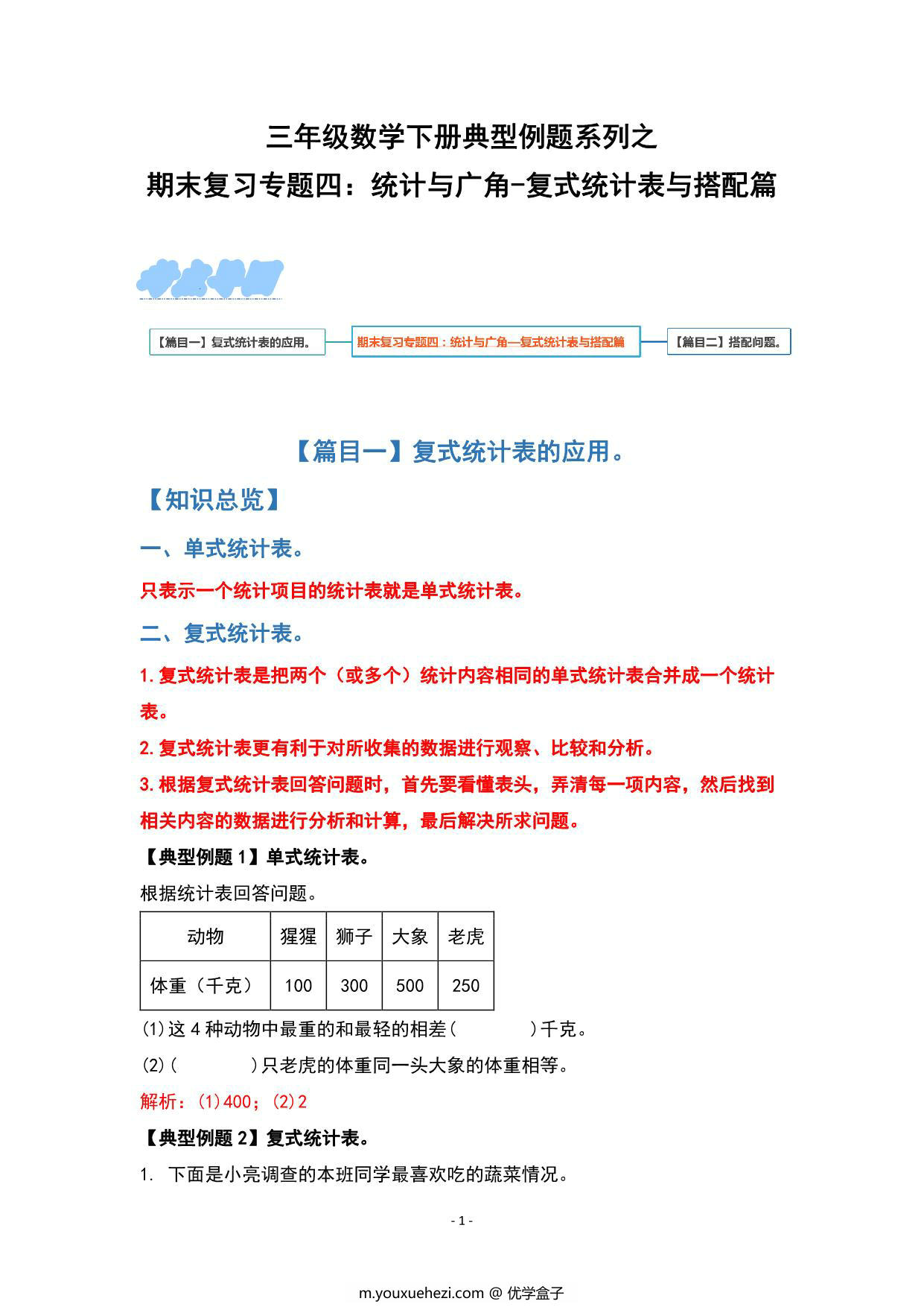 图片[1]-期末复习专题四：统计与广角—复式统计表与搭配篇 – 三年级数学下册典型例题 人教版，8页PDF可打印-优学盒子