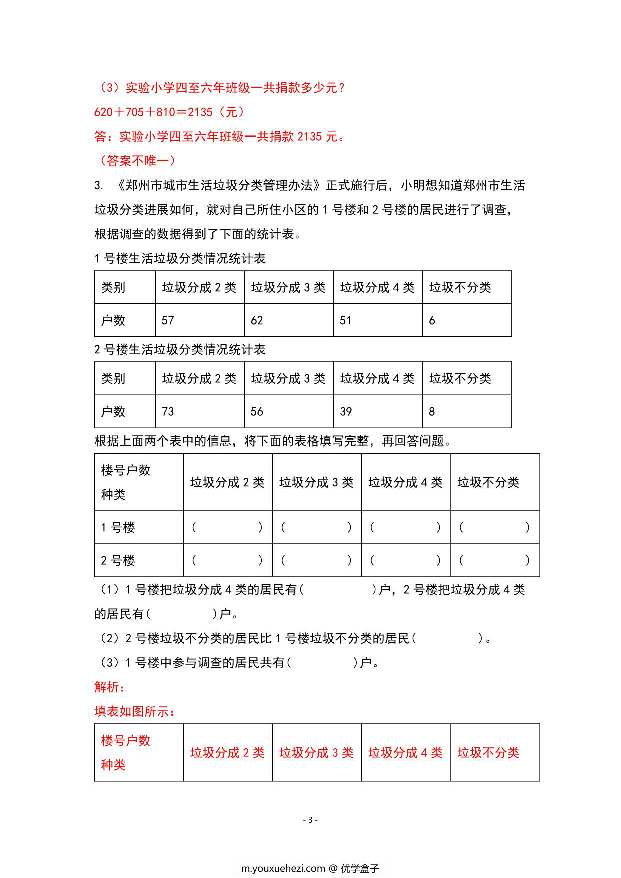 图片[3]-期末复习专题四：统计与广角—复式统计表与搭配篇 – 三年级数学下册典型例题 人教版，8页PDF可打印-优学盒子