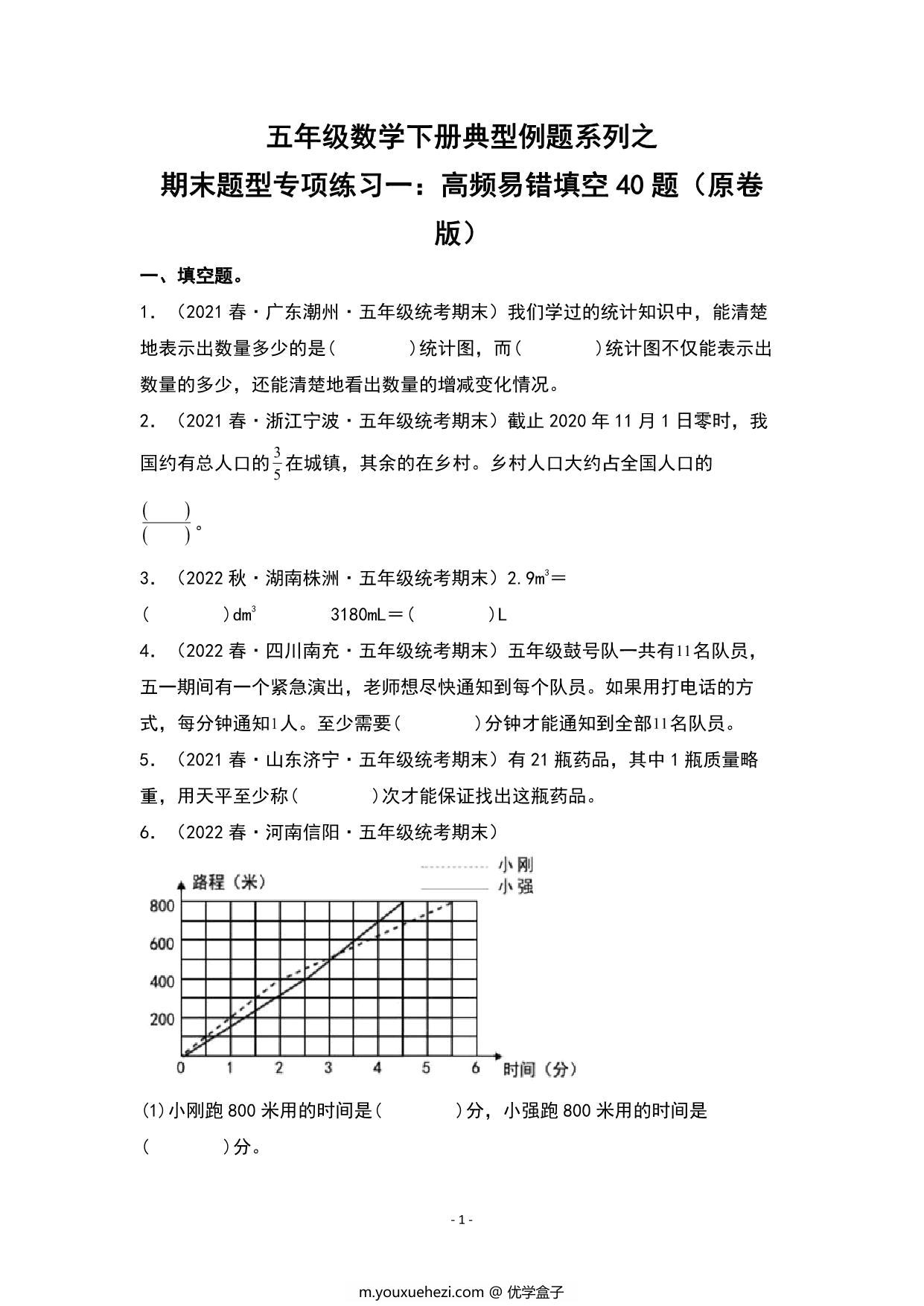 图片[1]-期末题型专项练习一：高频易错填空40题-五年级数学下册典型例题（人教版），30页PDF电子版-优学盒子