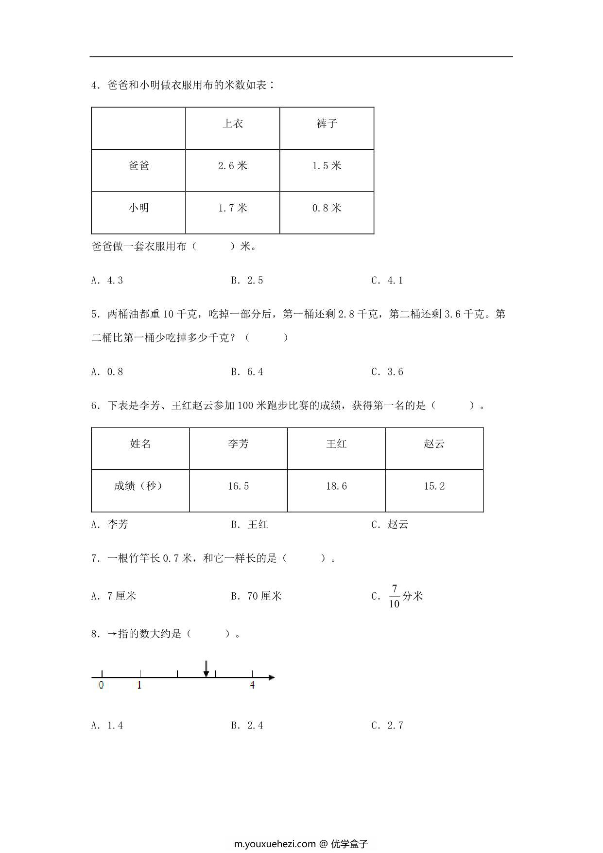 图片[2]-第八单元 小数的初步认识 – 三年级数学下册易错点汇总及优选易错题A卷（苏教版），9页PDF电子版-优学盒子