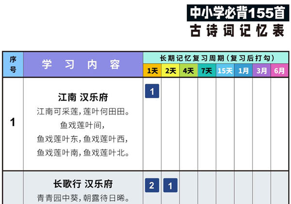 155首古诗词艾宾浩斯记忆表，43页PDF可打印-优学盒子